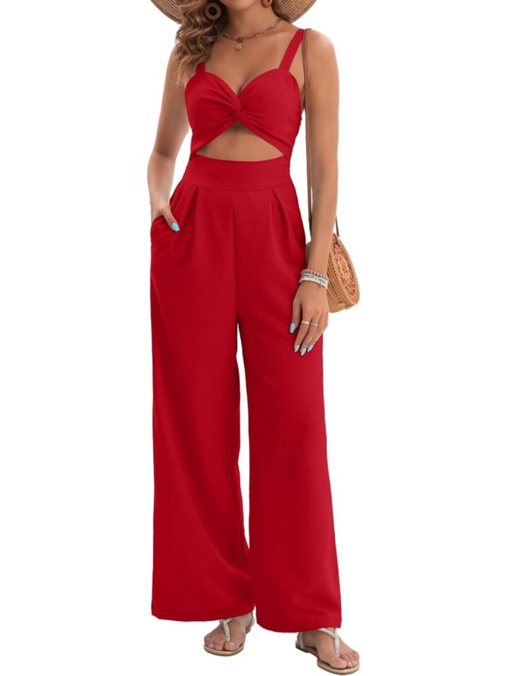 Chic Women's Summer Jumpsuit - Dressy V-Neck, Twist Front, Sleeveless, Wide Leg